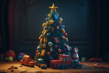 An uncomplicated drawing of a toy Christmas tree for use in holiday designs and mockups. Generative AI - obrazy, fototapety, plakaty