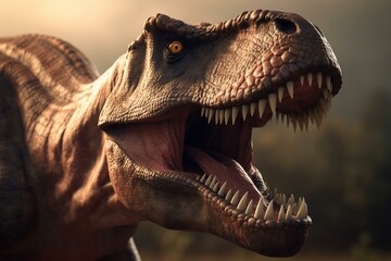 A 3D-rendered image of Tyrannosaurus Rex dinosaurs. Generative AI