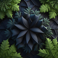 A  Seamless Bold 3D Floral Pattern for Your Creative Projects, 3D Illustration for digital paper, backgrounds, wallpaper.  Nature, Dark blue, black, and green colors.