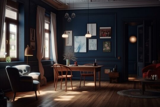 Scandinavian home with retro furniture & poster wall in dark blue, 3D render. Generative AI
