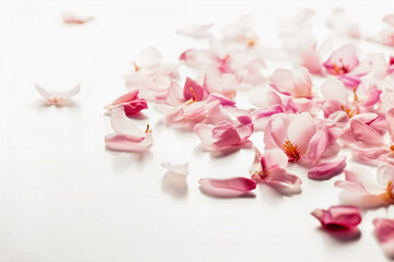 Delicate Pink Cherry Flower Petals on a White Background. Romantic spring and summer wedding theme.