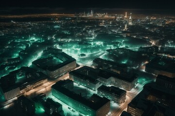 Aerial view of city and aurora borealis at night. Generative AI