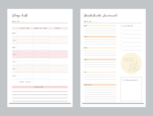 Gratitude Journal and sleep planner. Minimalist planner template set. Vector illustration.