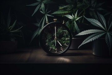 Clock with marijuana leaves for countdown to legalization. Generative AI