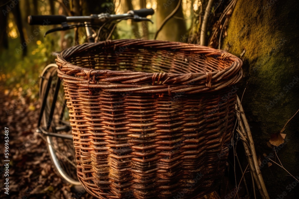 Poster bicycle with a rustic wicker basket attached to the back. generative ai
