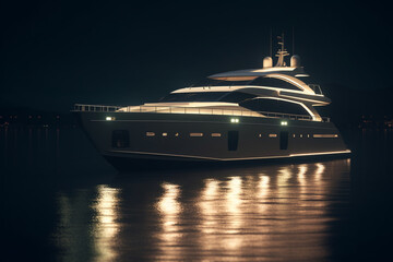 Yacht in motion with lights reflecting on the water, Generative AI	
