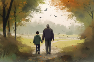 Vector Watercolor The Importance of Being Present: Father - Son Time in the Park, Generative AI	