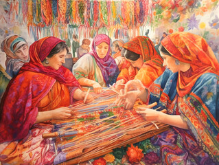 A painting of women working at a loom with a colorful background