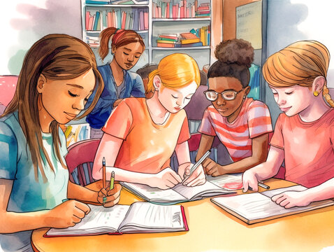A  watercolor drawing of students studying in a classroom