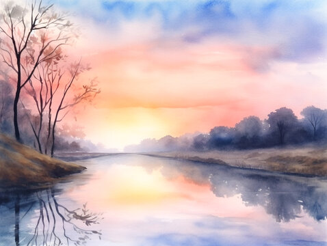 A painting of a river with a sunset in the background