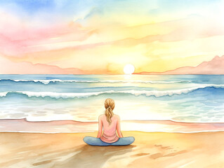 A watercolor woman sitting on the beach looking at the ocean.