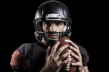 Portrait of confident american football player holding ball against black background, Generative AI