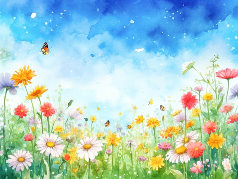 A watercolor painting of a field of flowers with butterflies.