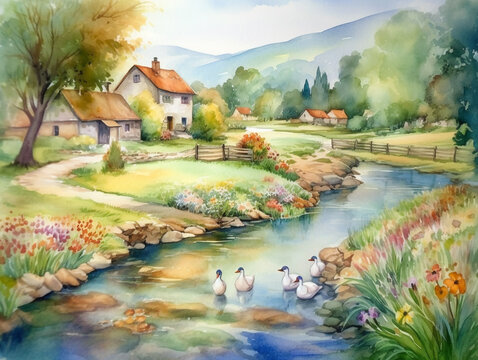 A watercolor painting of a river scene with swans swimming in the river. © Malek