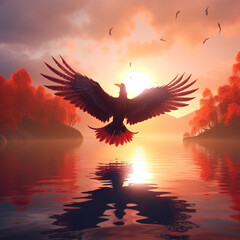 Naklejka na ściany i meble phoenix bird flying over a magical lake, transformational and inspiring