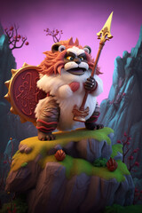 Super cute Chinese mythological monster, anthropomorphic Chinese painting style, the lion king, holding a big hammer, furry, wearing a precise Chinese shield armor