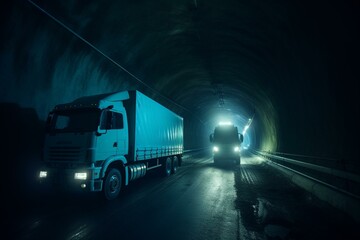Fototapeta na wymiar A refrigerated truck drives through a blue-lit tunnel in 3D render. Generative AI