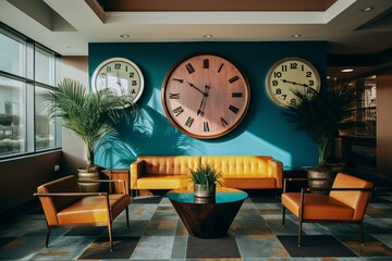 Colorful seating and clock adorn waiting area. Generative AI