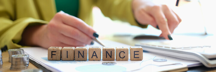 Woman pointing with pen on word finance collected of wooden blocks