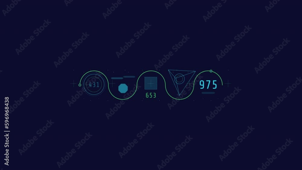 Poster looped animation of a wavy line with geometric shapes hud element.