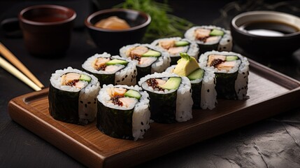 Delicious Sushi Rolls with Soy Sauce and Wasabi - Generative AI