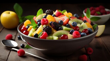 Colorful Fruit Salad with Fresh Berries and Sliced Apples - Generative AI