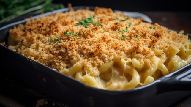 Creamy Mac and Cheese with Crispy Breadcrumbs on Top - Generative AI