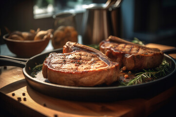 Grilled or pan roasted pork chops on the bone with garlic, rosemary and fine herbs. AI generated