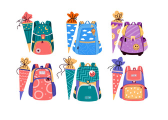 School backpack with candy cones for first grader.Vector cartoon illustration