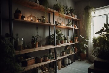 Tall indoor shelf scene. Generative AI