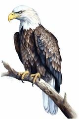 Obraz premium Sitting Bald Eagle Perched on Branch Watercolor-Style Illustration [Generative AI]