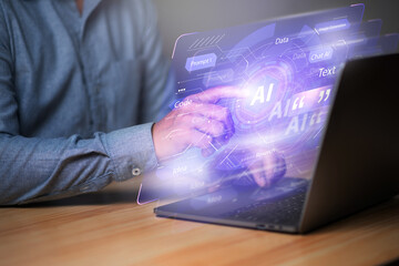 Man using laptop with AI tecnology on virtual display, big data of new technologies and business process strategy. modern technology.