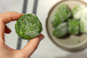 Unrecognizable woman showing into camera frozen food spinach cubes homemade. Harvesting concept. Stocking up vegetables for winter storage Healthy food, Cooking ingredients