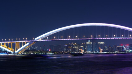 The beautiful city night view with the lights on in the evening