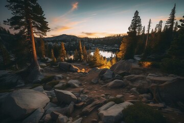 Golden dawn lights up Desolation Wilderness, a protected area on Sierra Nevada mountains, adjacent to Lake Tahoe. Generative AI