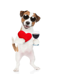 Happy Jack Russel Terrier puppy wearing sunglasses holds the red heart and glass of red wine. isolated on white background