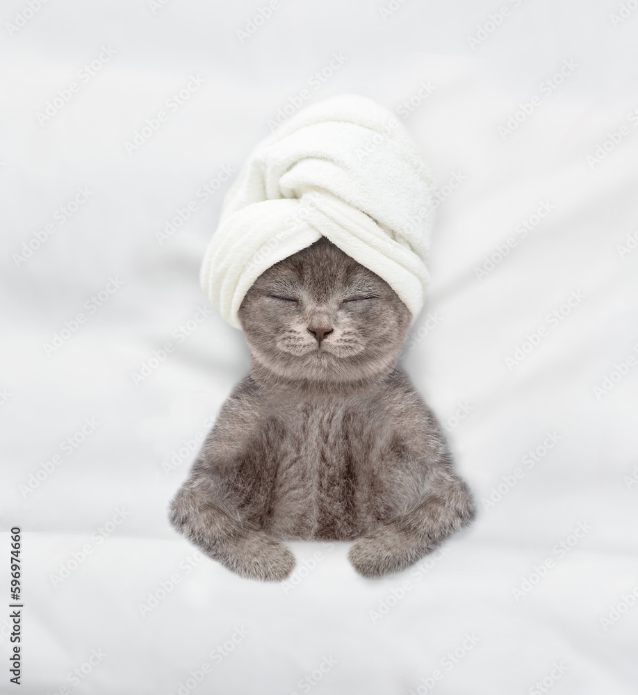 Poster cute kitten with towel on it head relaxing on the bed at home. top down view