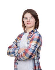 Portrait of a teen girl with Downs syndrom. Isolated on white background