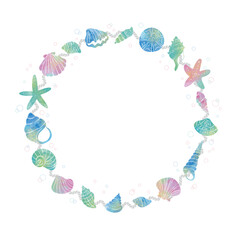 貝がらやヒトデとロープをあしらった水彩風手書きベクター丸フレーム／テキストスペースあり