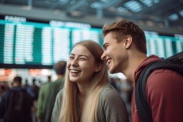 A happy couple walking through the airport, excited for their trip