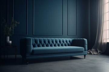 Minimalist blue sofa surrounded by blue walls, creating a cozy living room feel. Perfect for social media and sale marketing concepts. Generative AI