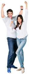 Fototapeta premium Happy success cheerful couple raise their hands in victory