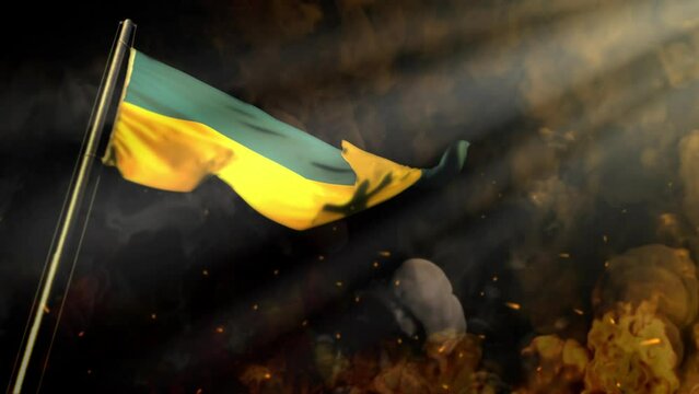 waving Ukraine flag on smoke and fire with sun beams - cataclysm concept