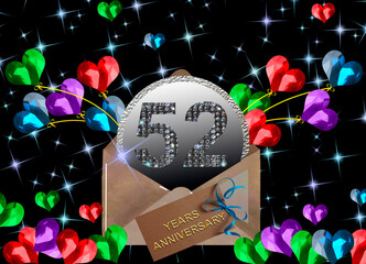 3d illustration, 52 anniversary. golden numbers on a festive background. poster or card for anniversary celebration, party