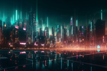 Obraz na płótnie Canvas A futuristic city depicted in neon lights and binary code. Generative AI