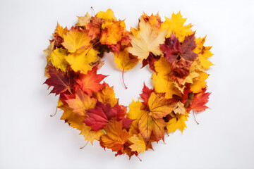 Creative colorful wreath in form of heart isolated on white background made of natural maple leaves of autumn season in yellow, orange, burgundy. 
Generative AI. 