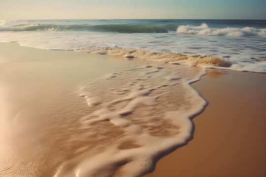Background image with natural beauty of the marine nature - transparent turquoise waves lit by sun roll on golden sand beach leaving foamy footprints
Generative AI. 