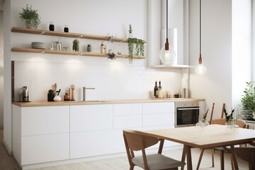 Fototapeta na wymiar Corner of kitchen featuring a bar and table in a bright white color scheme. Generative AI