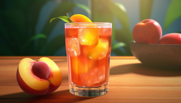 Tropical Oasis: Peach Iced Tea in a Picture-Perfect Setting, Product Photo Mockup, Illustartion, HD Photorealistic - Generative AI