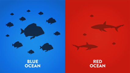 The Blue Ocean Strategy presentation is vector infographic element of marketing. The red has bloody mass competition and the blue is niche market. Competitive market space with opportunity concepts.